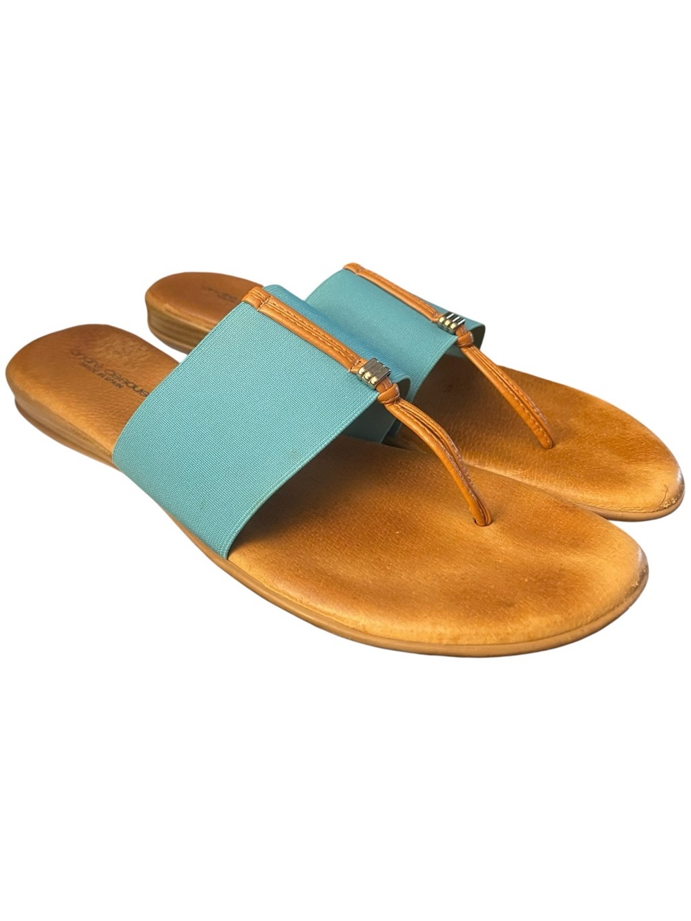 ANDRÉ ASSOUS Nice Women’s Teal and Tan Slide Sandals with Thong Strap size 11